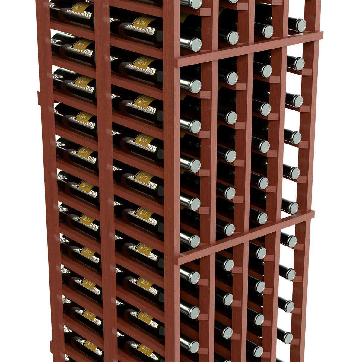 Corner view of light wood double-deep wine rack with bottle compartments