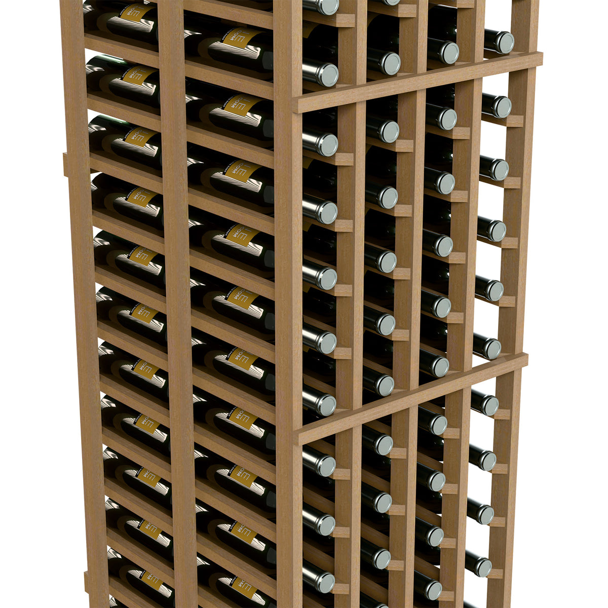 Close side view of light wood double-deep wine rack with bottle holders and rows