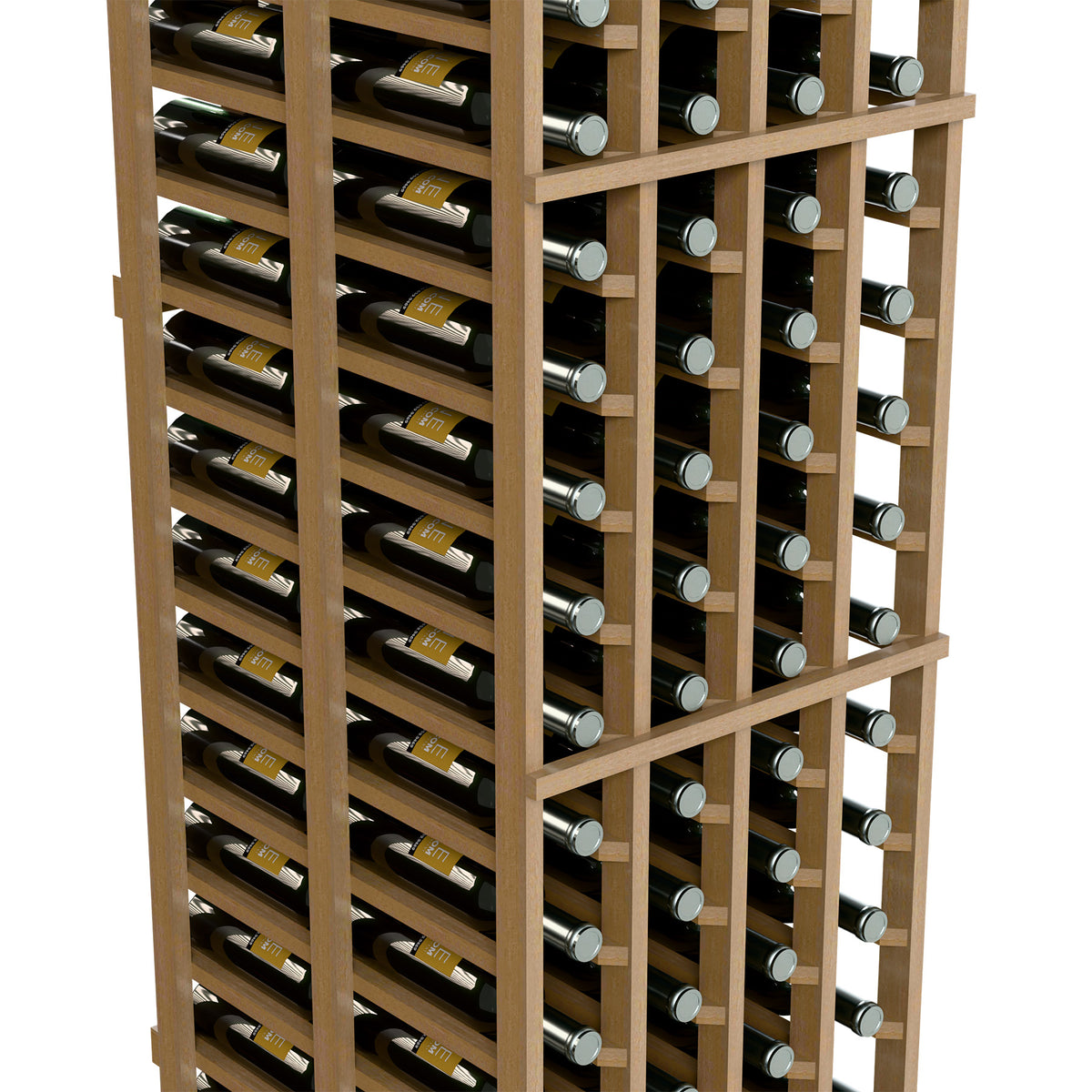 Double-deep wine rack with bottle neck supports and metal bottle caps visible