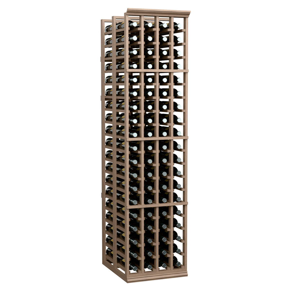 Tall wooden double-deep wine bottle rack with four columns of bottle slots