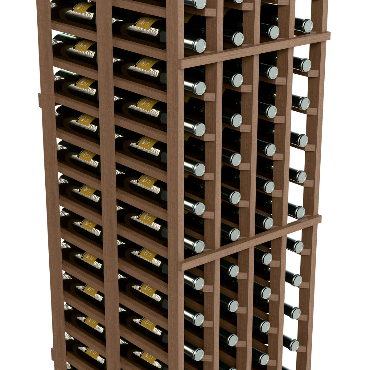 Side view of a double-deep wine rack with labeled bottles in front and back rows