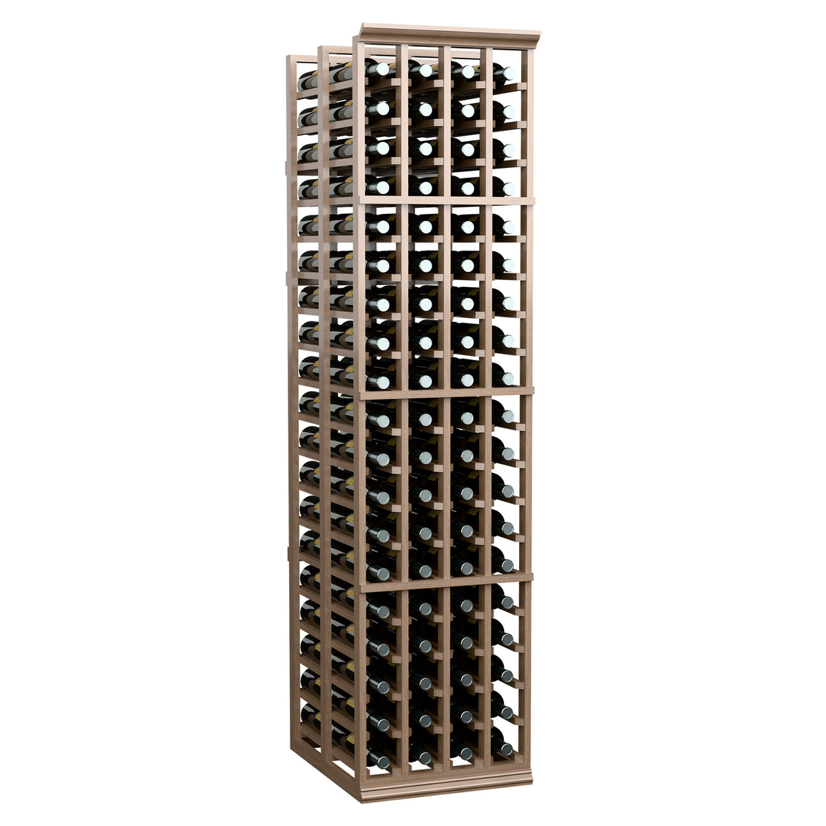 Freestanding double-deep wine bottle storage rack with four columns and top rail
