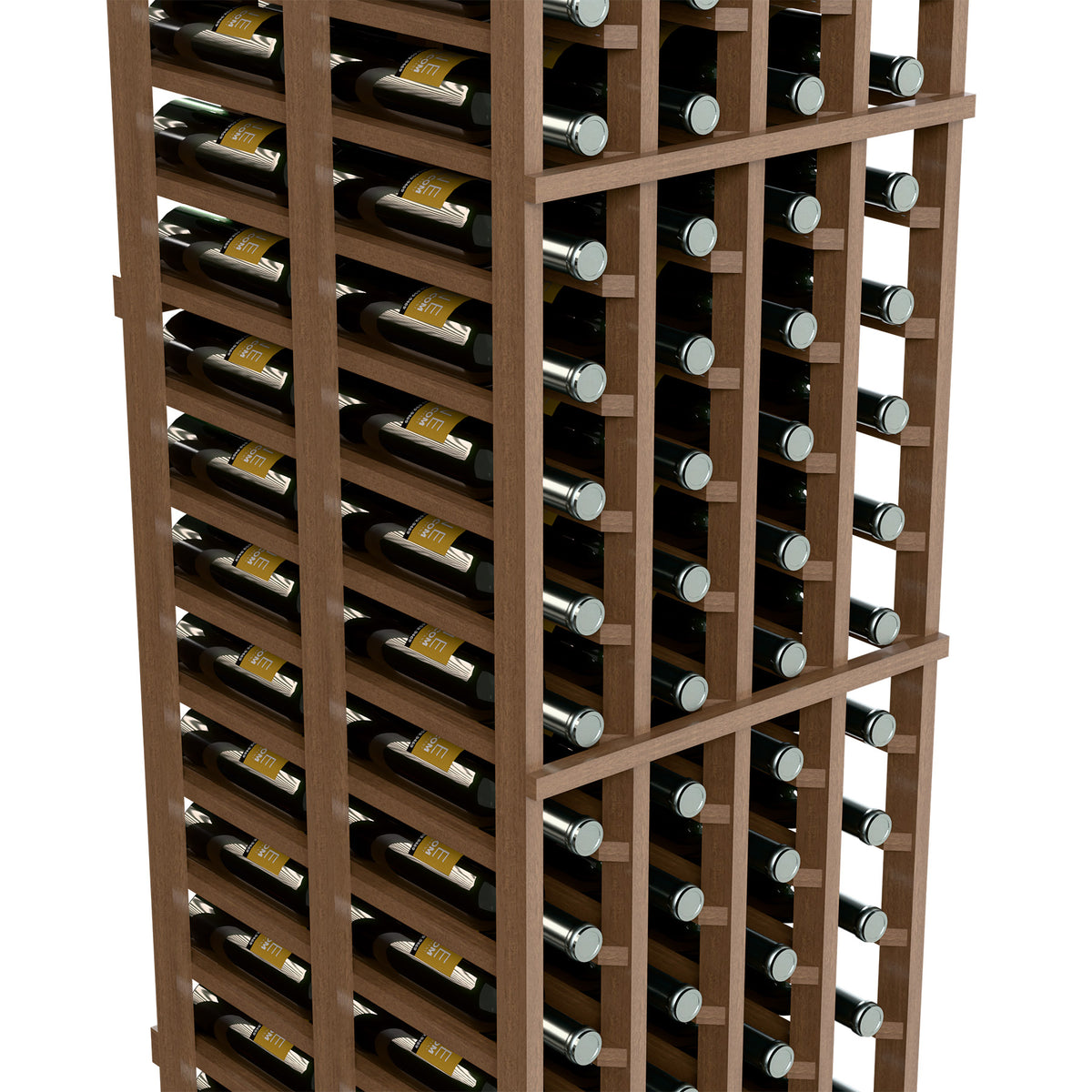 Angled view of a double-deep wine rack showing bottle slots and dividers
