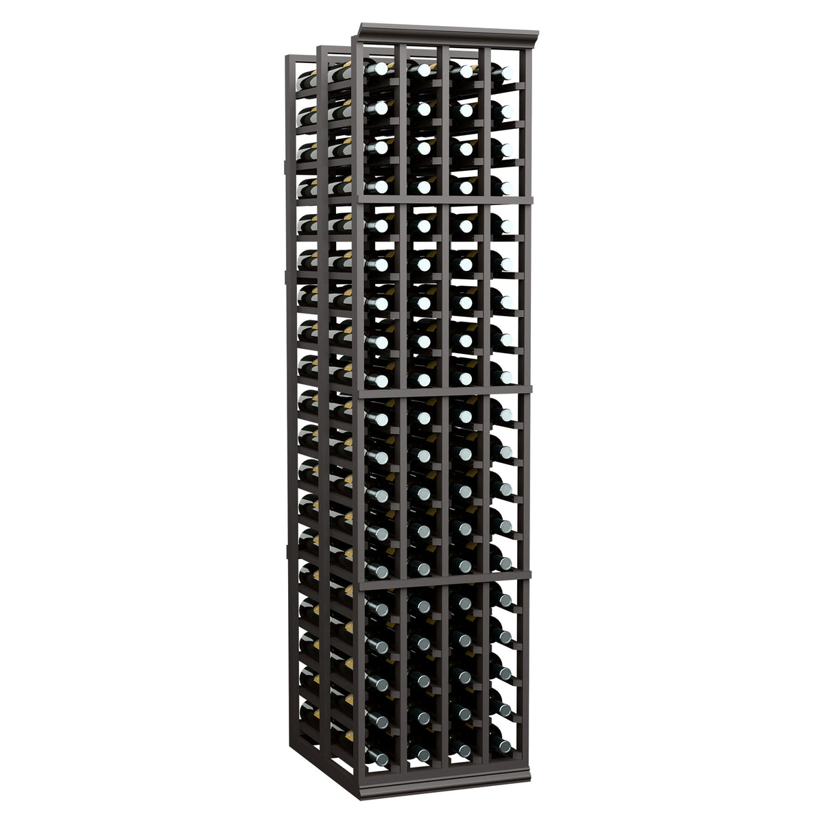 Black four-column double-deep wine bottle rack with open grid for upright bottles