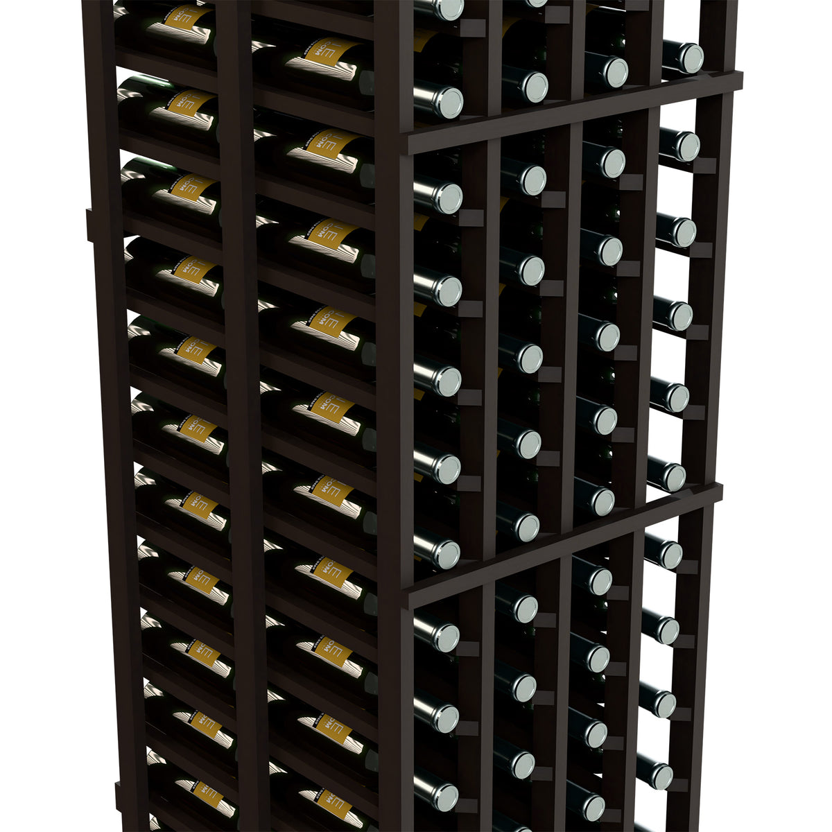 Close-up of a dark double-deep wine rack with bottles in staggered columns