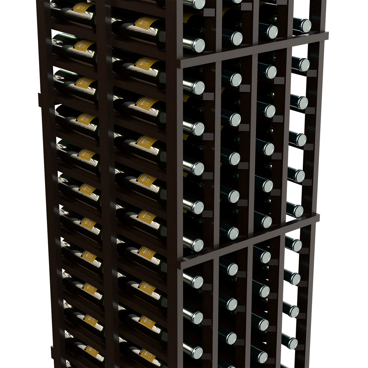Front corner view of a dark double-deep wine rack with multiple bottle rows