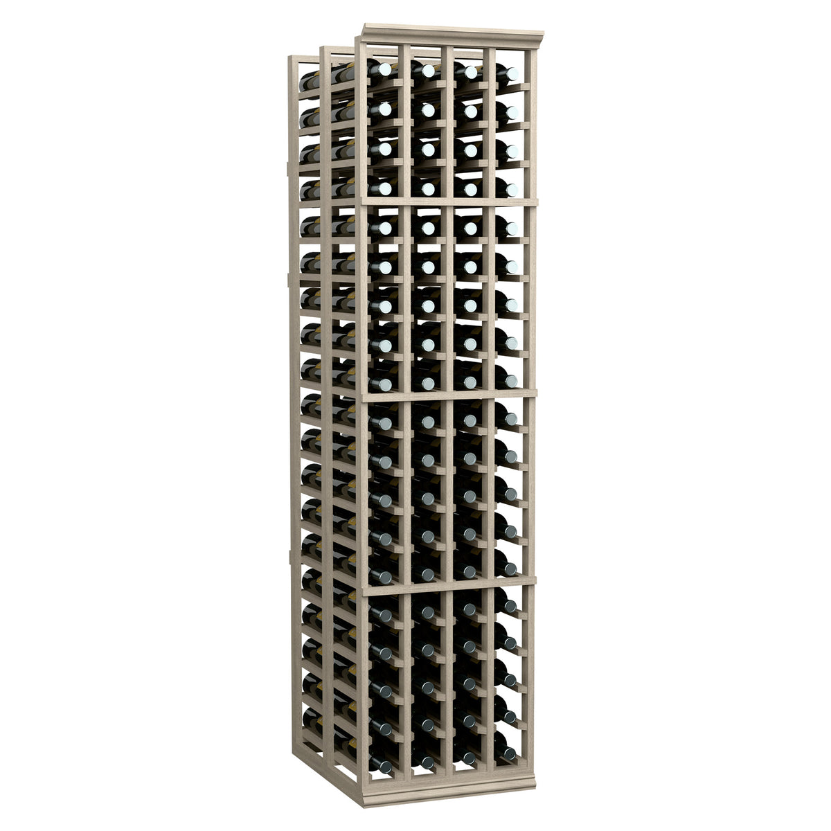 Tall 4-column double deep wine rack with dark shelves and round bottle openings