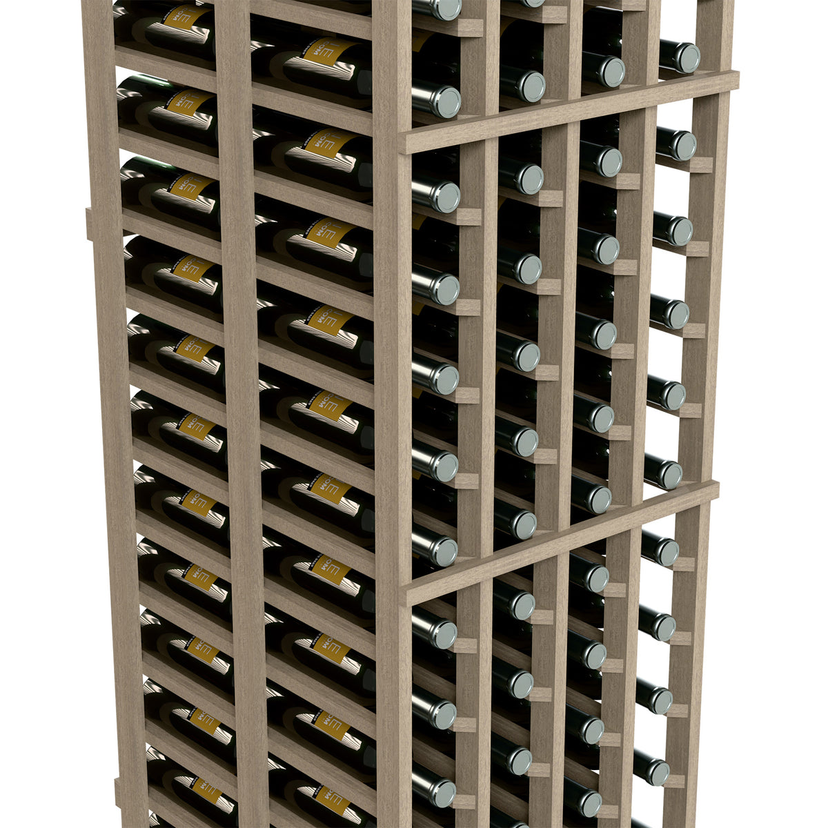 Close-up of 4-column double deep wine rack with bottle cubbies and dark wood frame