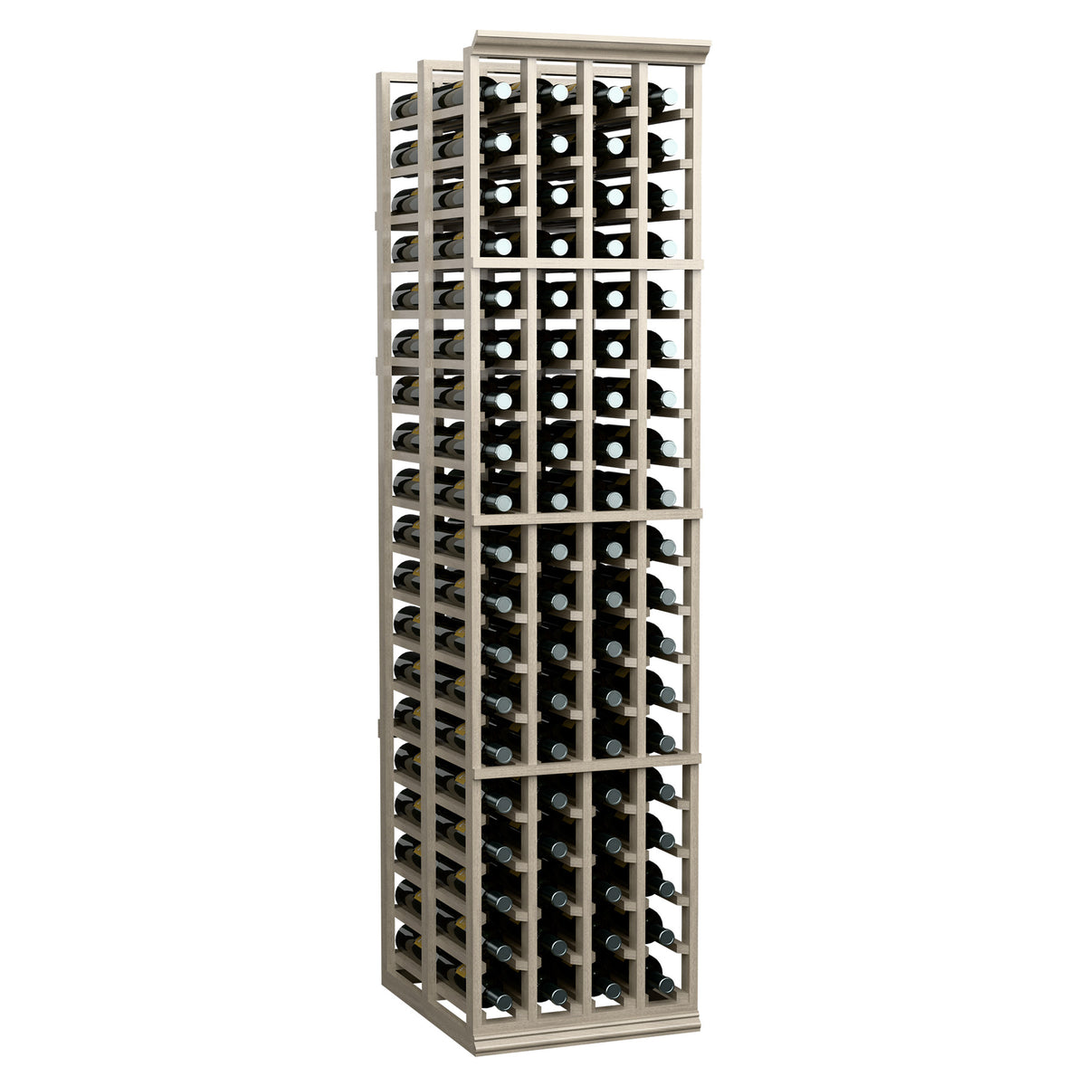 Tall wine bottle storage rack with 4 columns and double-deep grid for bottles
