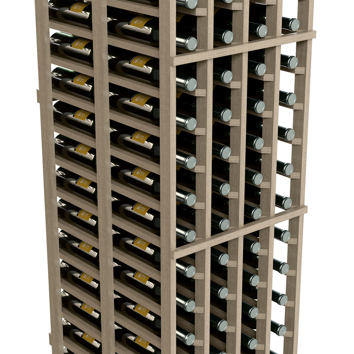 Close-up of wine rack shelves showing bottle slots in a dark wood 4-column frame