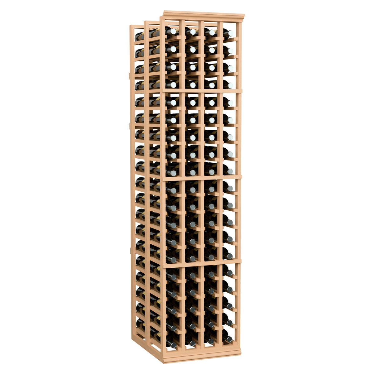 Tall 4-column double deep wine rack with light wood frame and round bottle slots