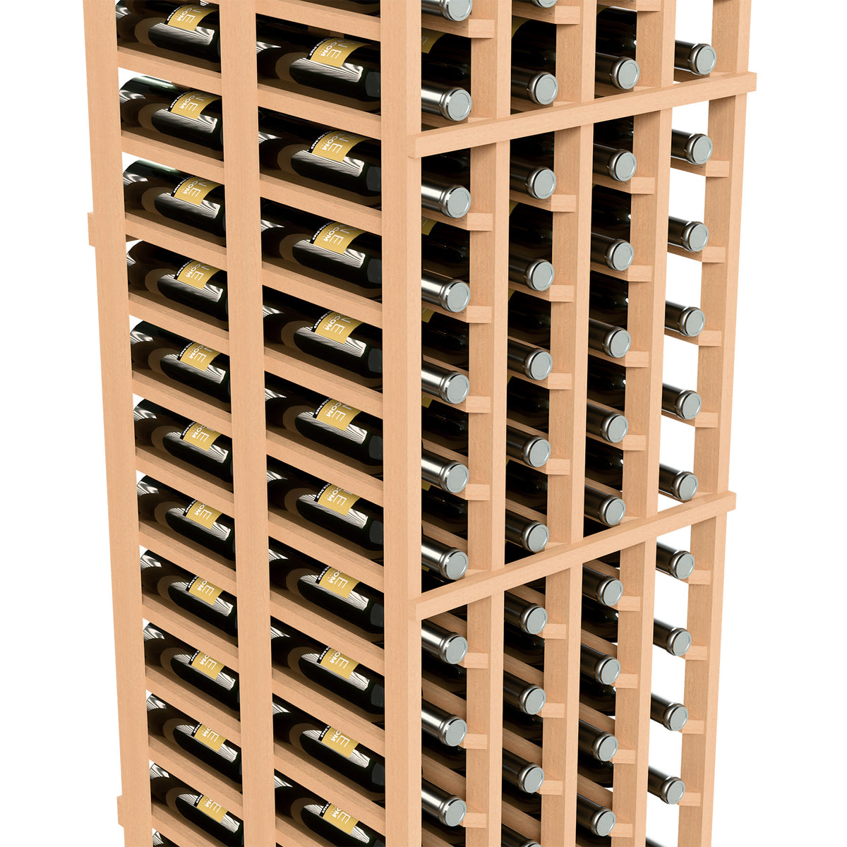 Close-up of light wood 4-column double deep wine rack with bottle cubbies and caps