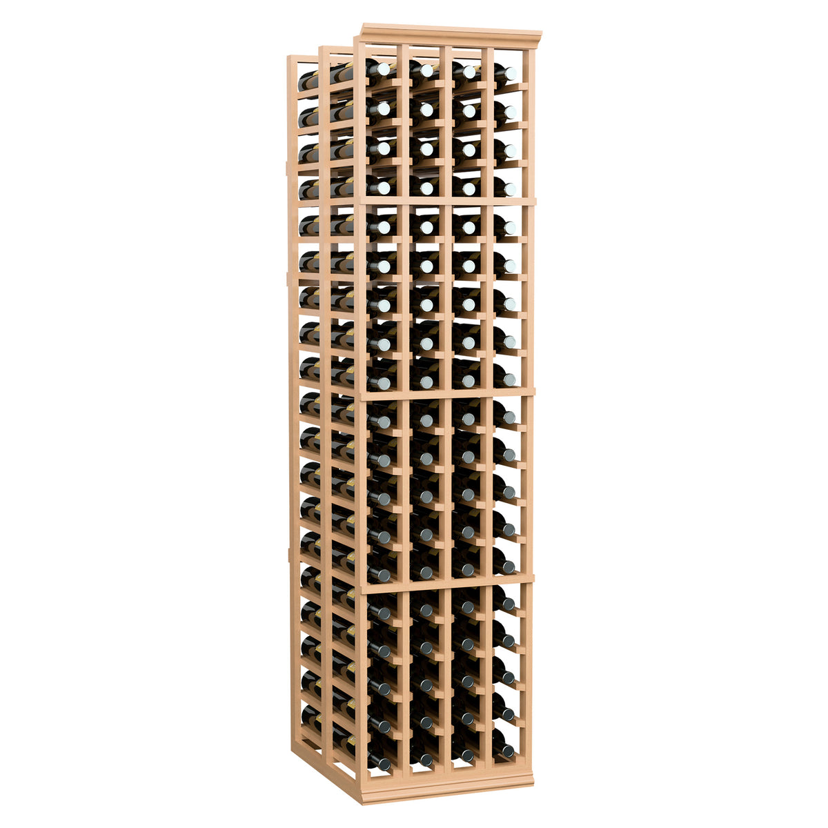 Light wood wine bottle storage rack with 4 columns and double-deep bottle openings