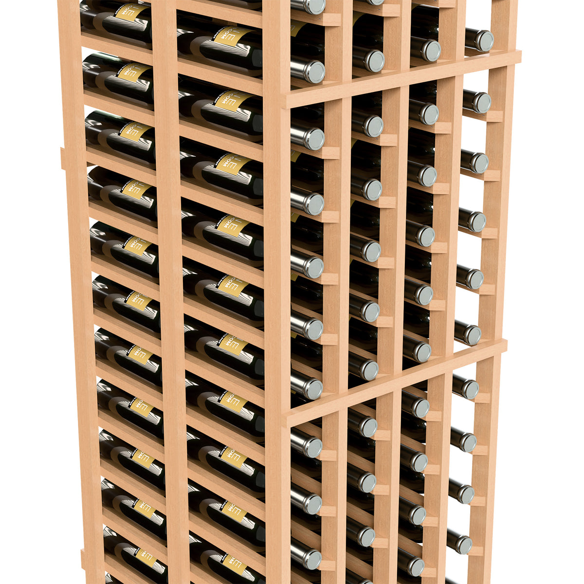 Close-up of light wood wine rack showing bottle slots in a 4-column grid