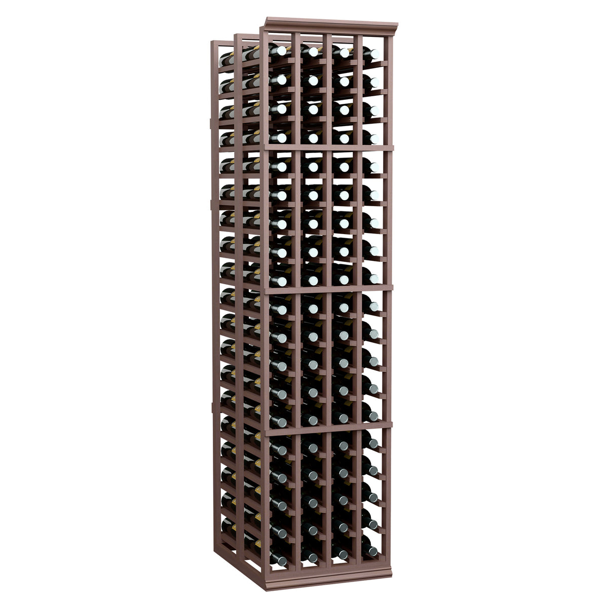 Tall wine storage rack with dark brown 4-column frame and double-deep bottle slots