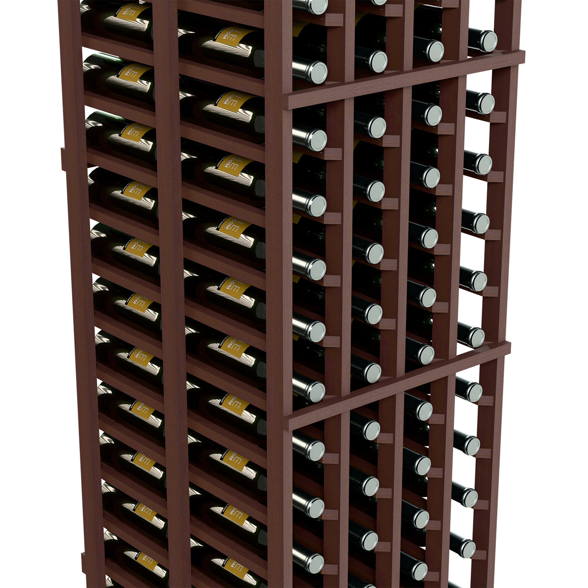 Close-up of dark brown 4-column double deep wine rack with bottle openings and rails