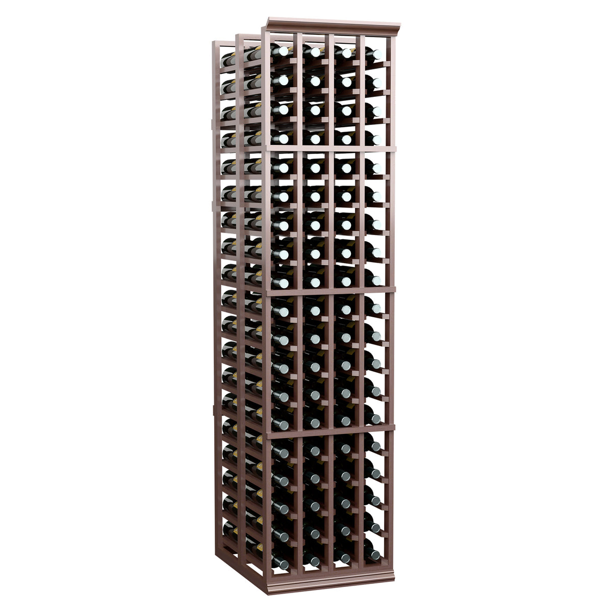 Wood wine rack with four columns, holds bottles in two deep rows, dark brown finish.