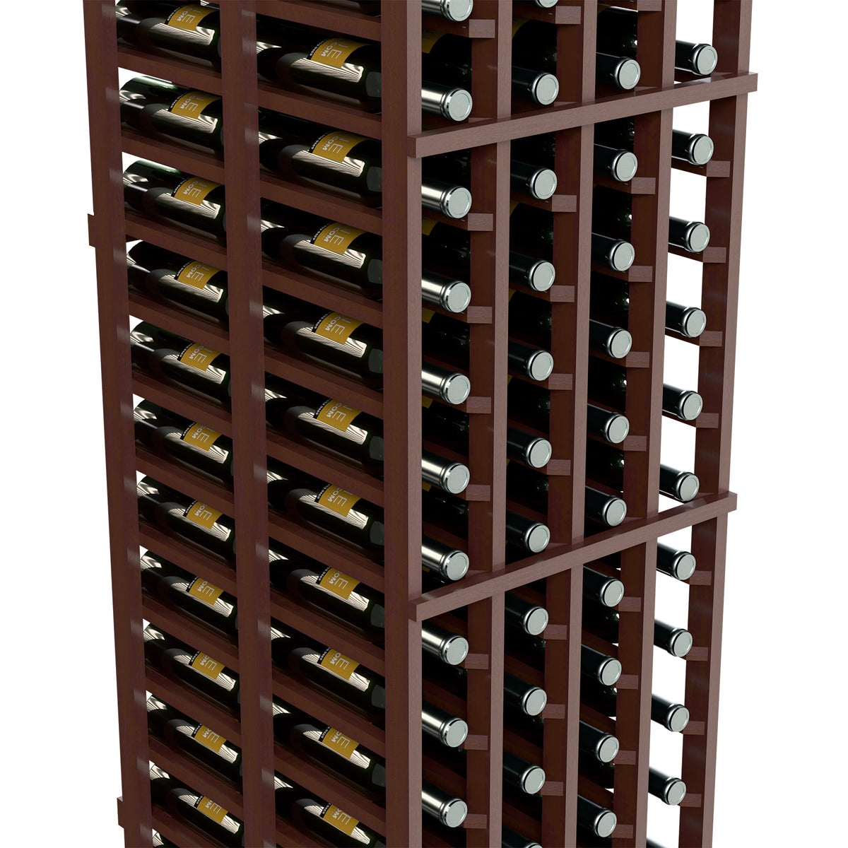 Double-deep wine rack corner view with bottle rests, dark brown wood frame.