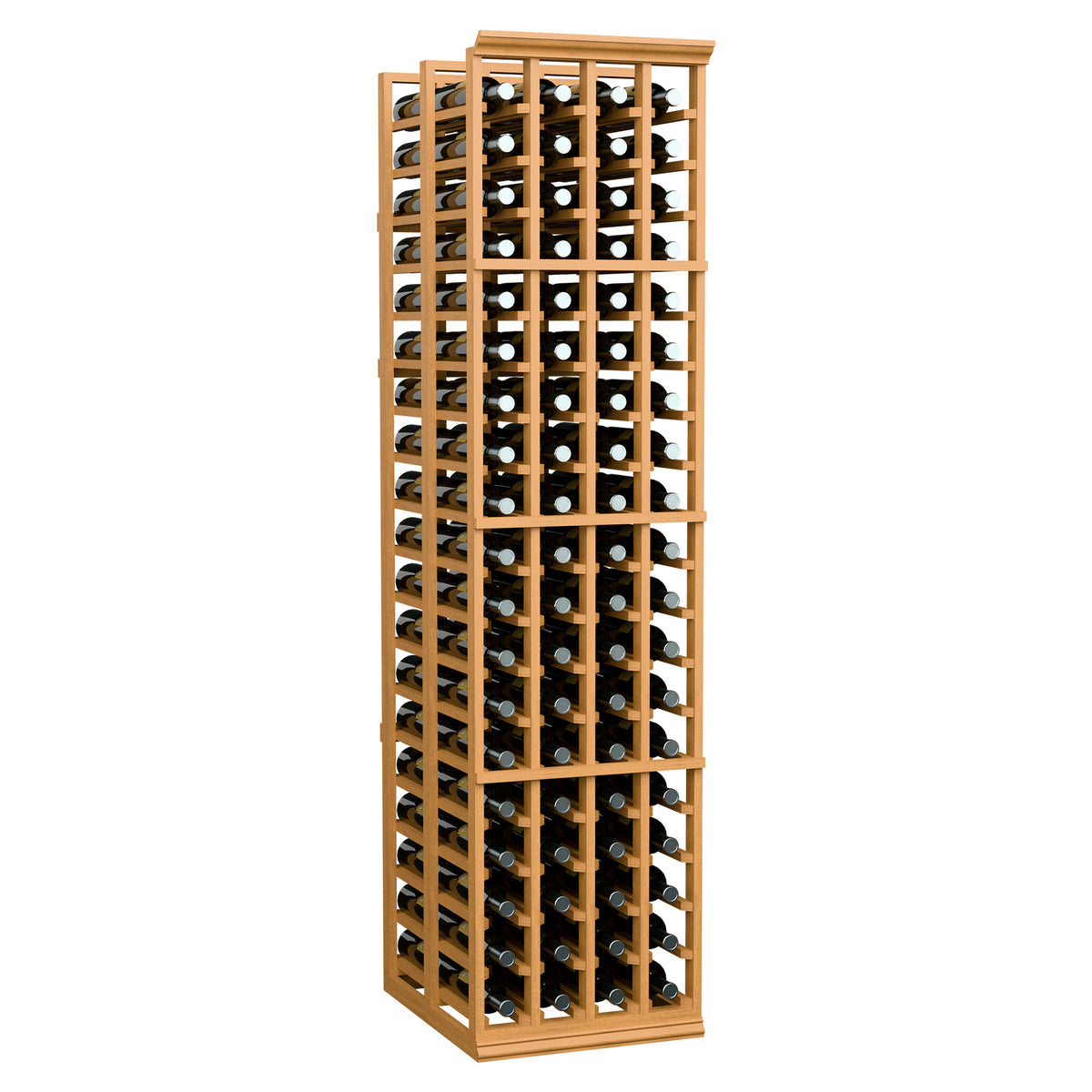 Wood wine rack with four columns, holds bottles in two deep rows, light natural finish.