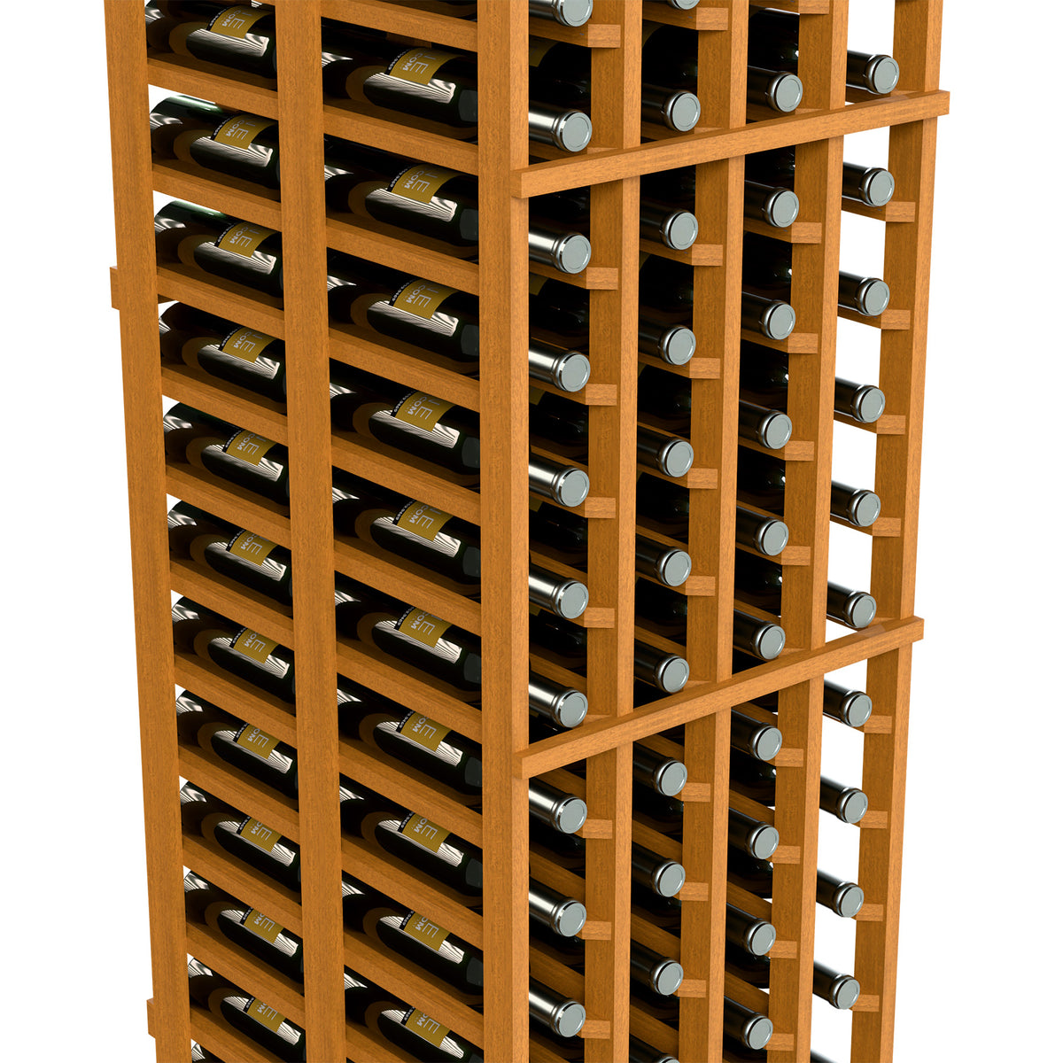 Double-deep wine rack close-up, four columns with bottle neck holders, light wood frame.