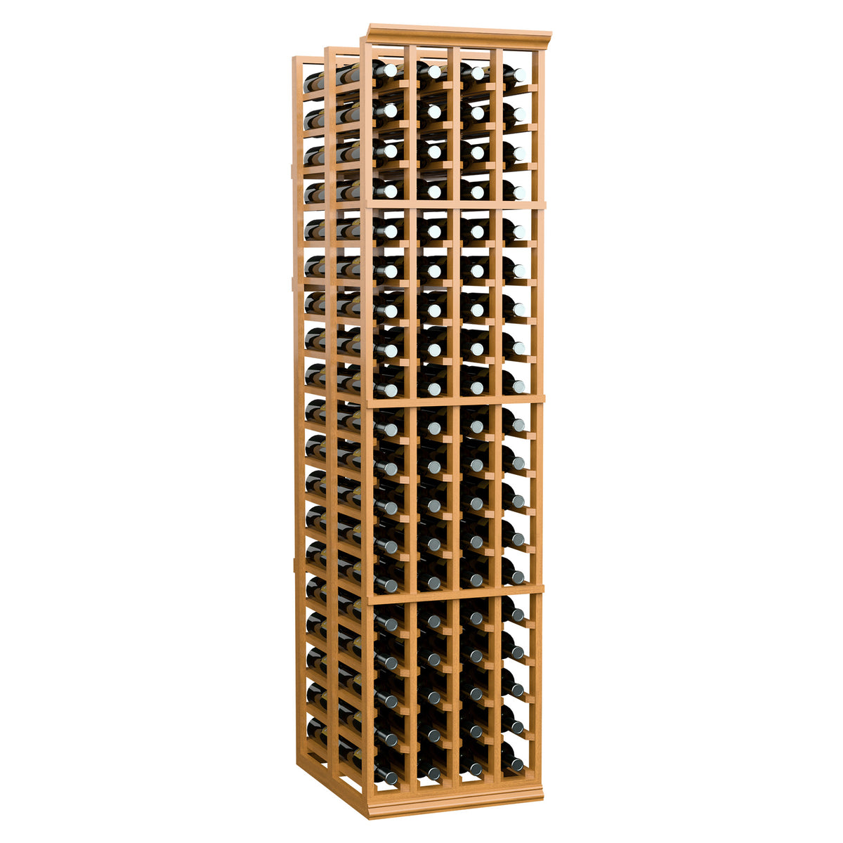 Tall wood wine rack with four columns for bottles, two deep rows, warm honey finish.