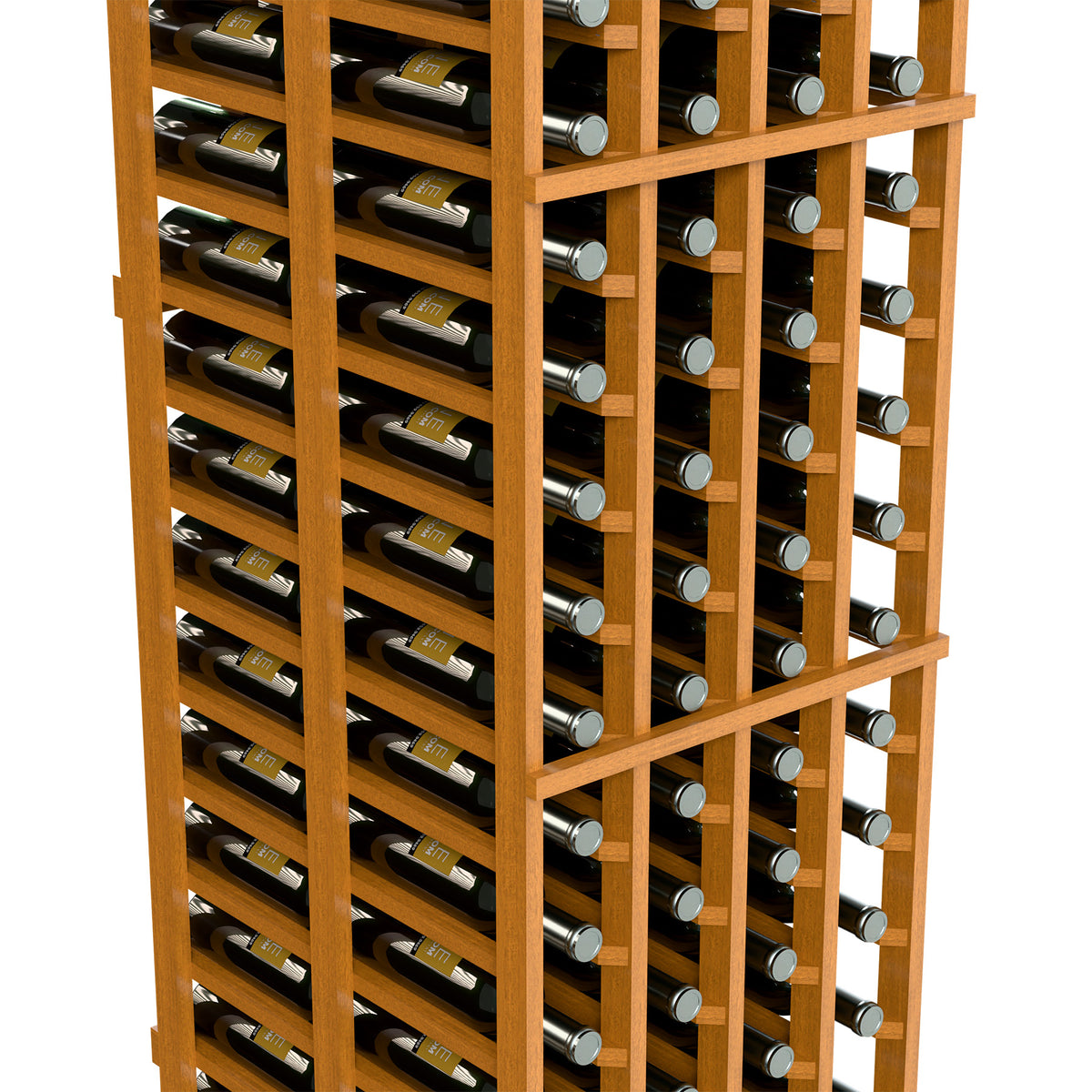 Double-deep wine rack close-up, four columns and bottle slots, warm honey wood.