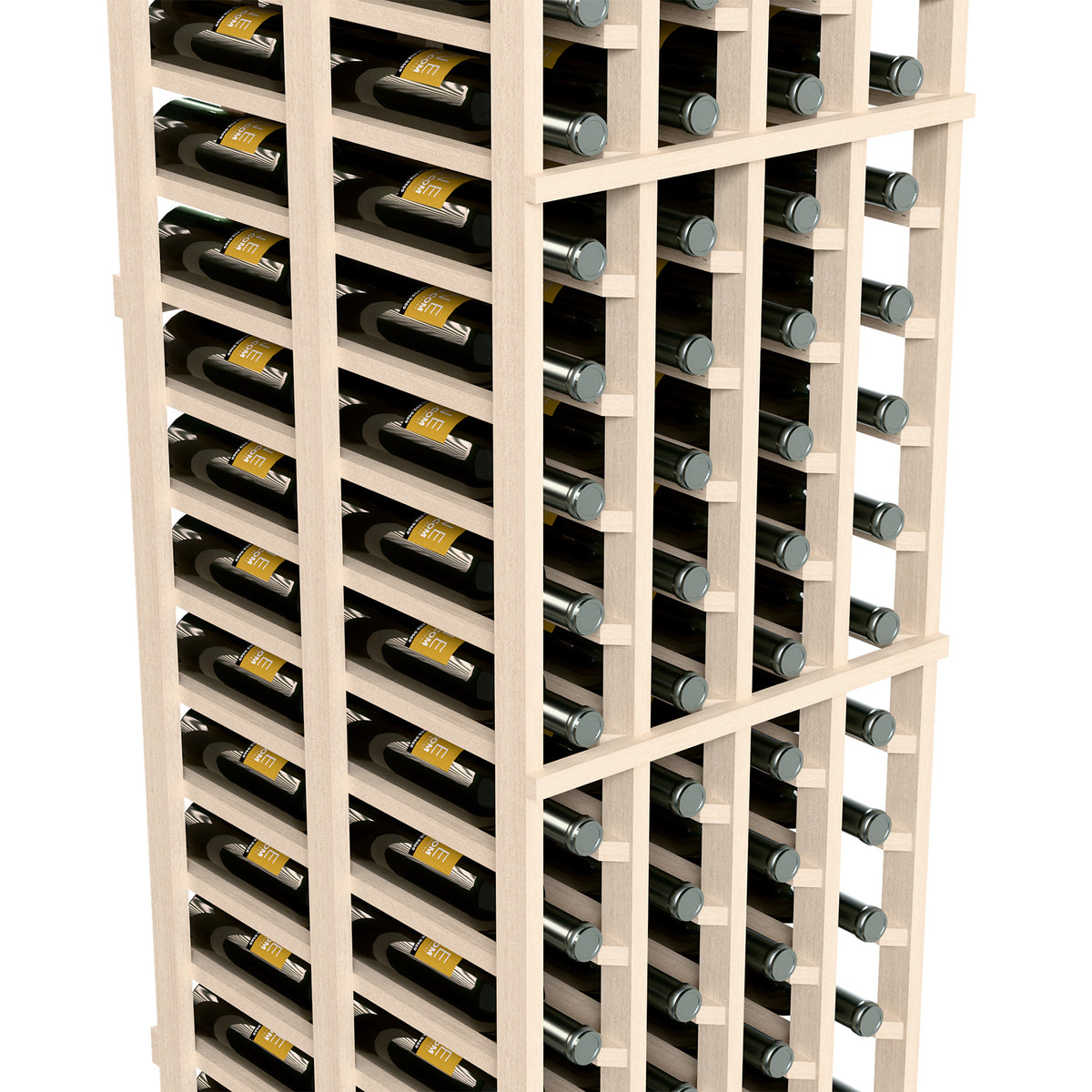 Double-deep wine rack close-up, four columns with bottle neck rests, white wood frame.
