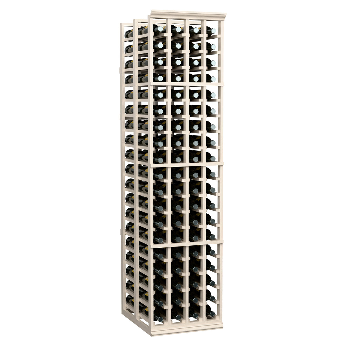 Whitewashed wood wine rack with four columns, two deep bottle rows, front view.