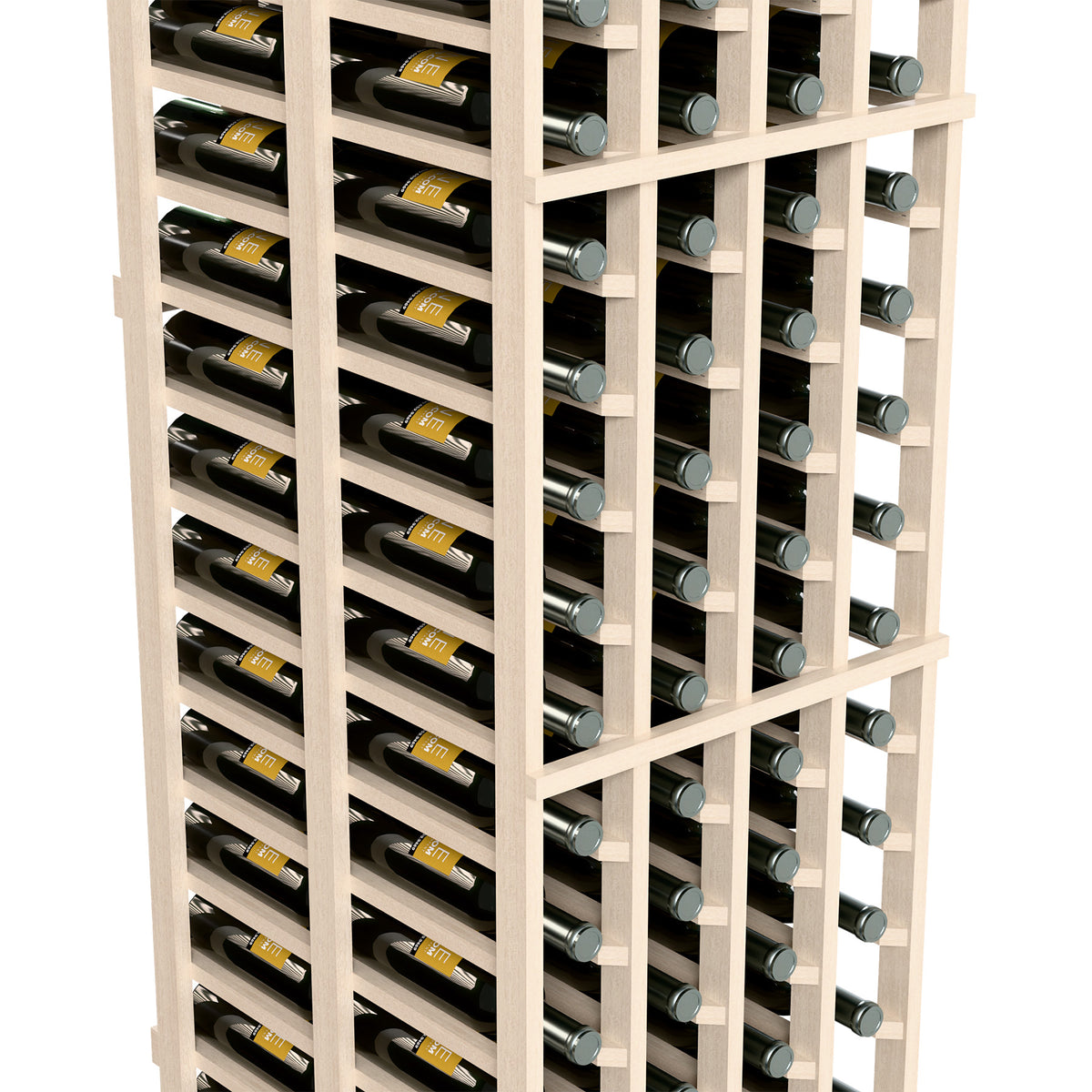 Double-deep wine rack close-up in white wood, four columns of bottle slots.