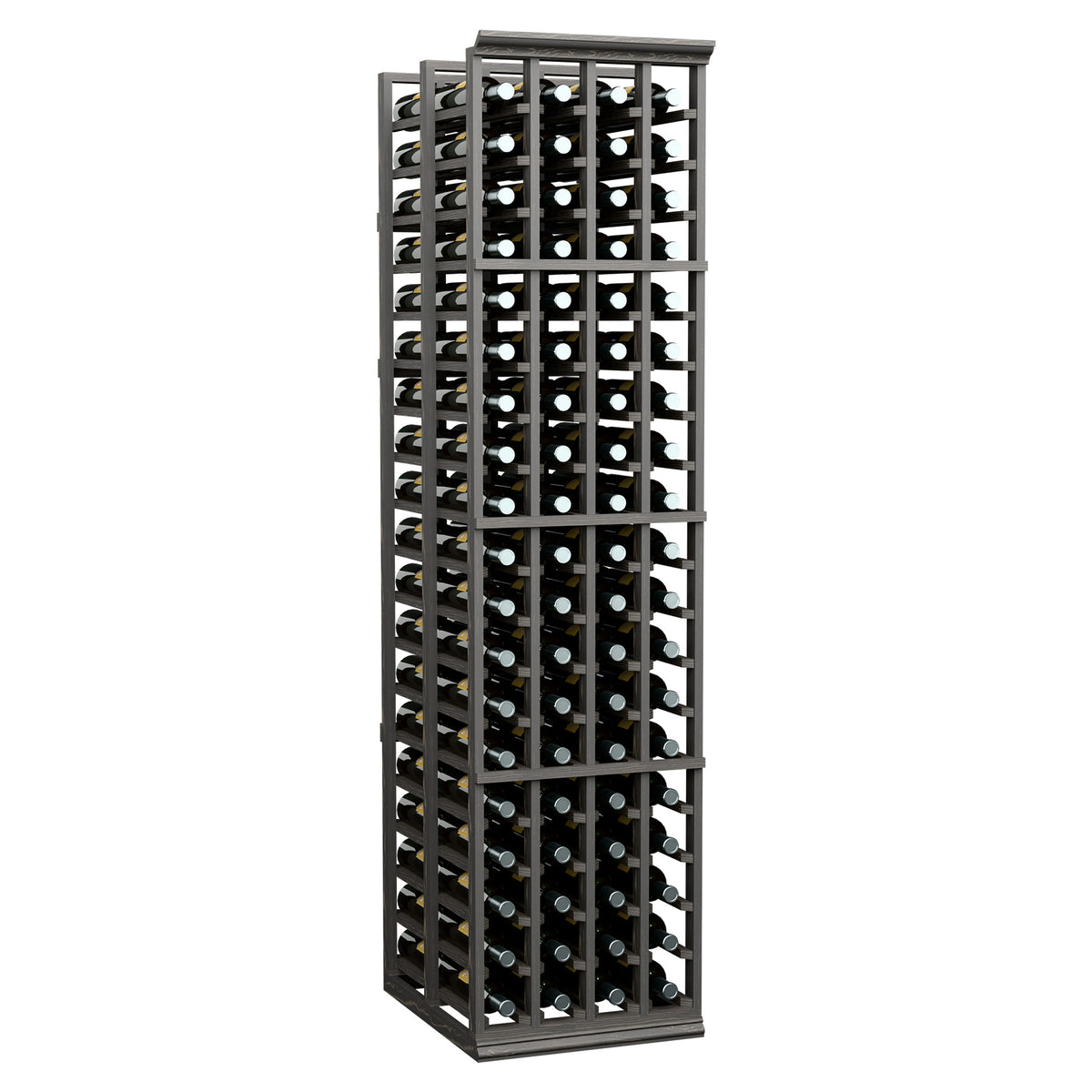 4-column double-deep wine rack with bottle cubbies, dark stained wood
