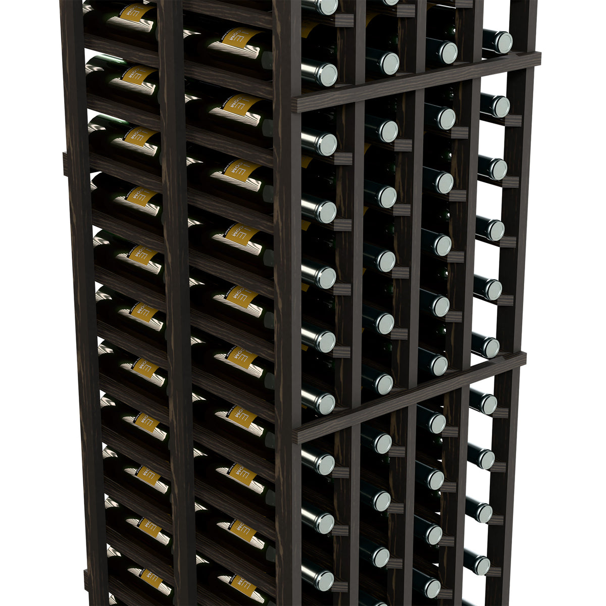 Wine bottle display rack with dark wood frame, two deep rows of bottle slots