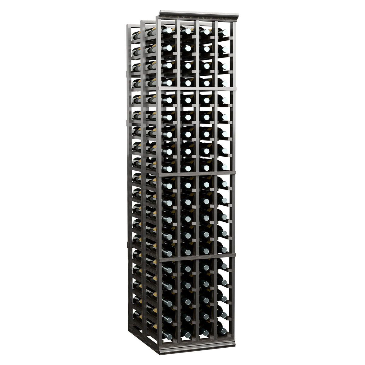4-column double-deep wine rack with dark wood lattice and visible bottle fronts