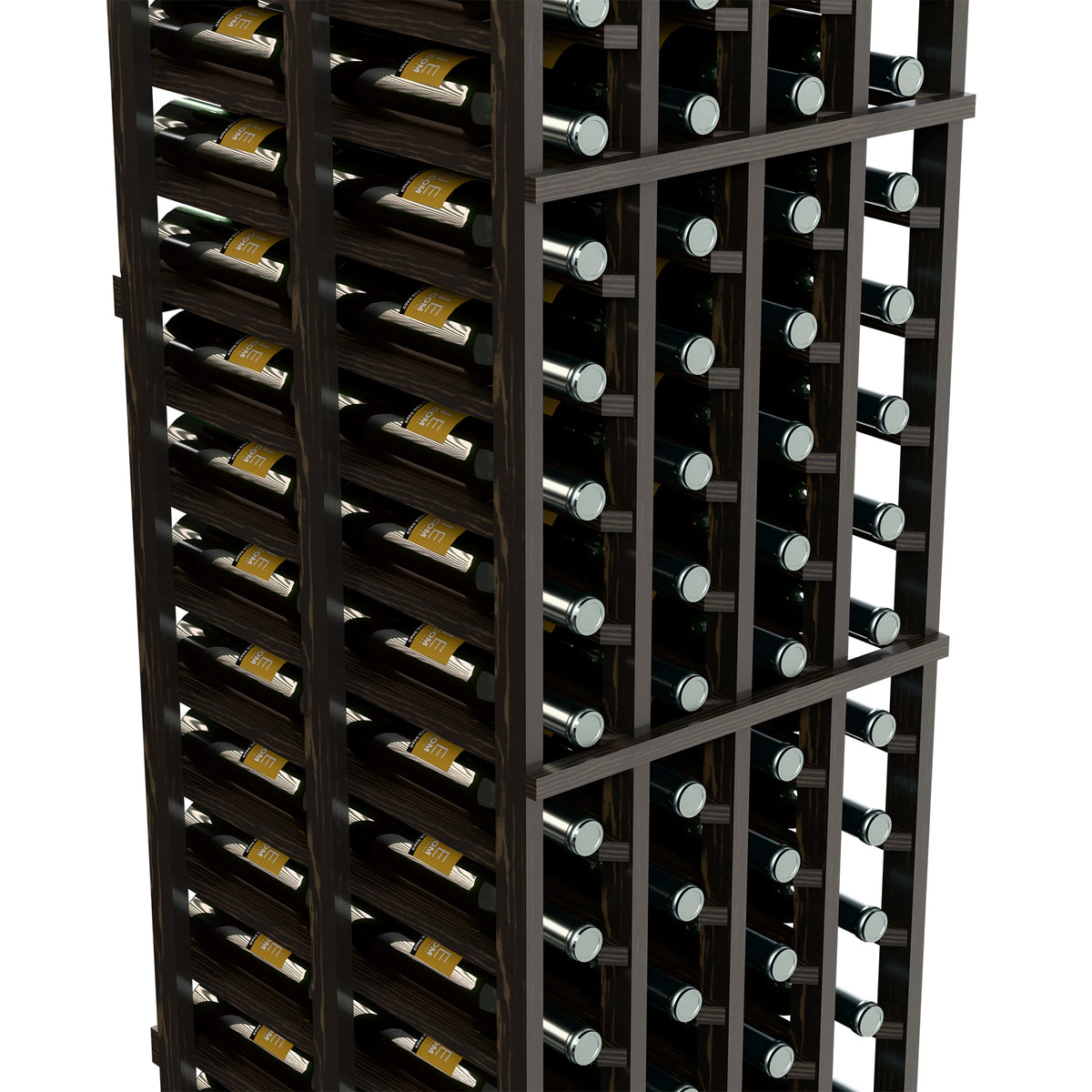 Wine bottle rack close-up with dark wood grid holding bottles in two depths