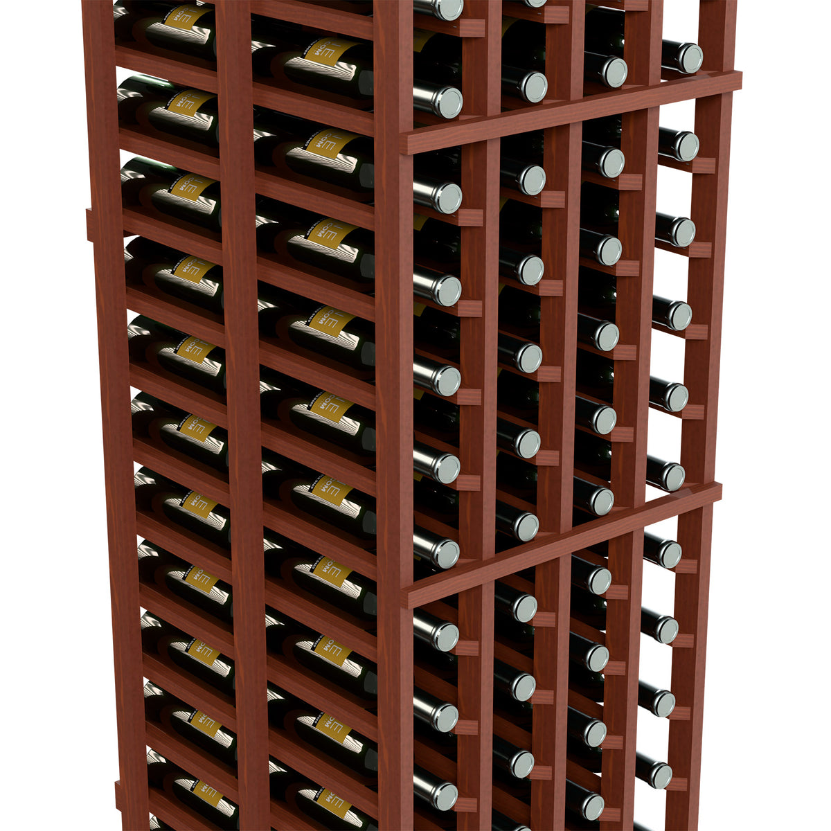 Wine bottle rack close-up with reddish-brown frame and two deep rows of bottles