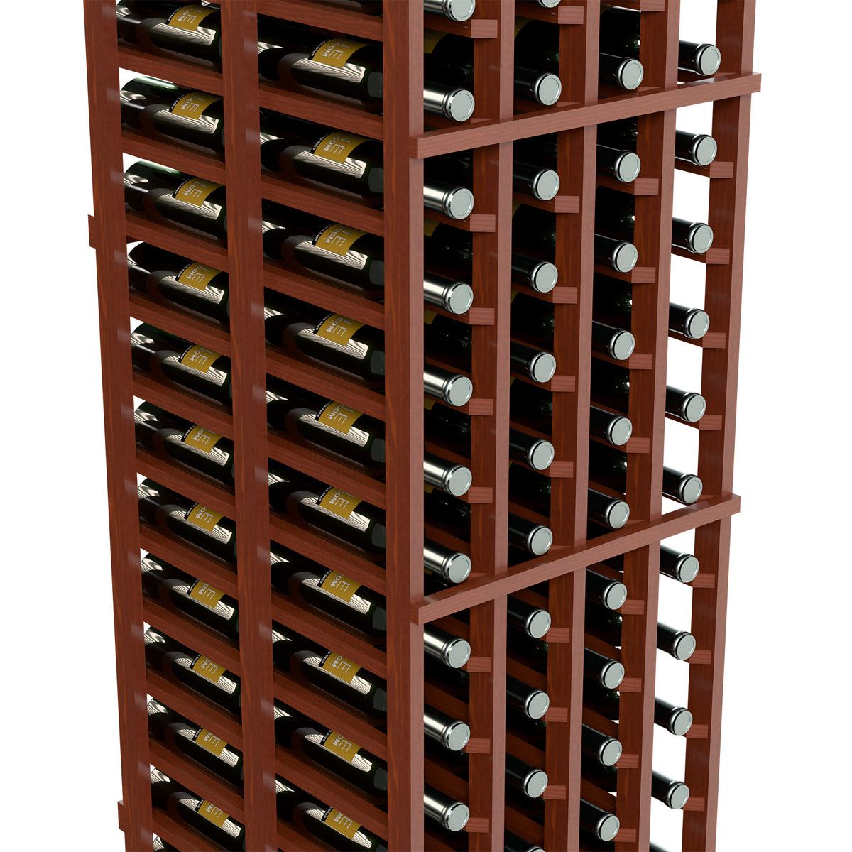 Wine bottle display rack with reddish-brown wood grid holding bottles side-by-side