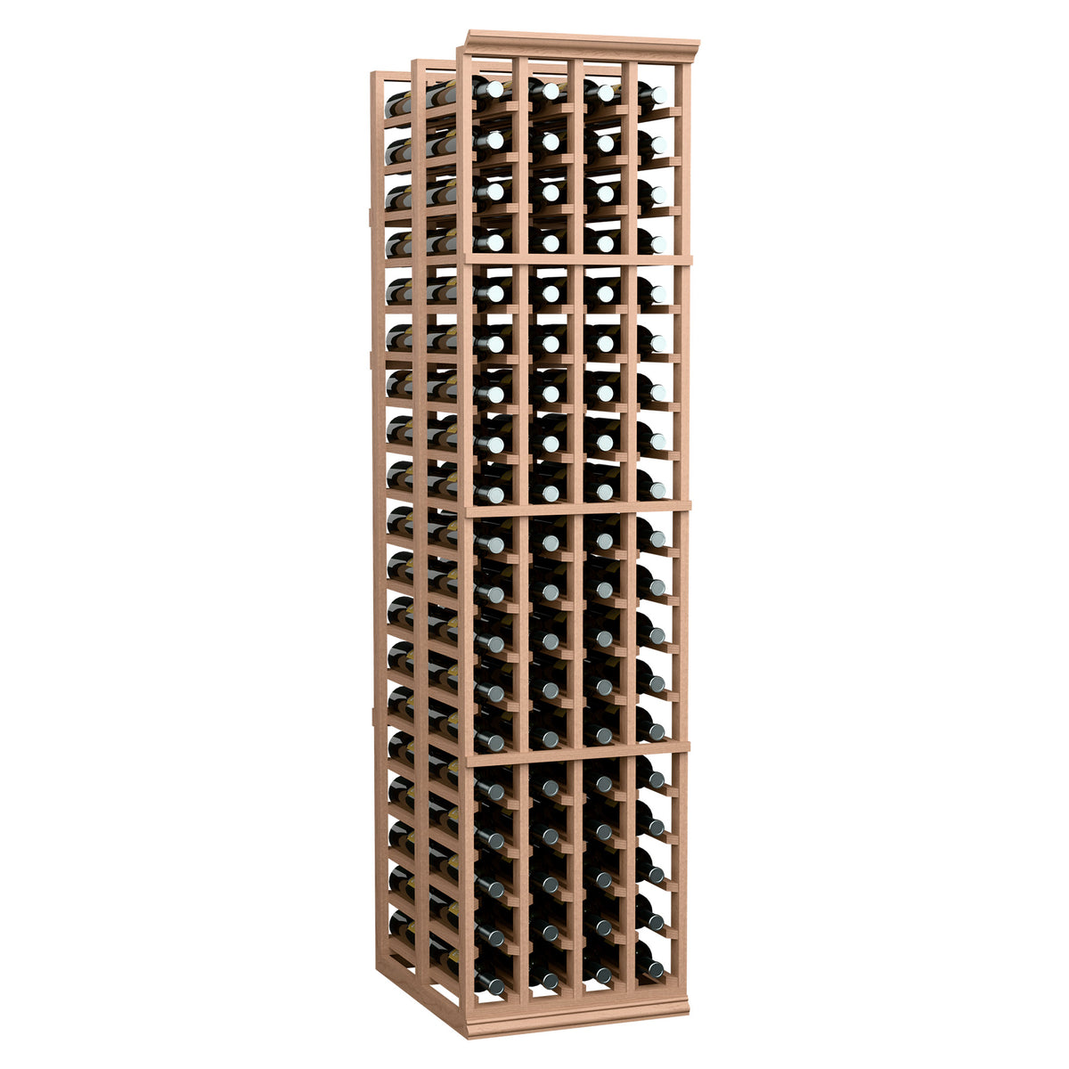 4-column double-deep wine rack with light wood tone lattice and bottle cubbies