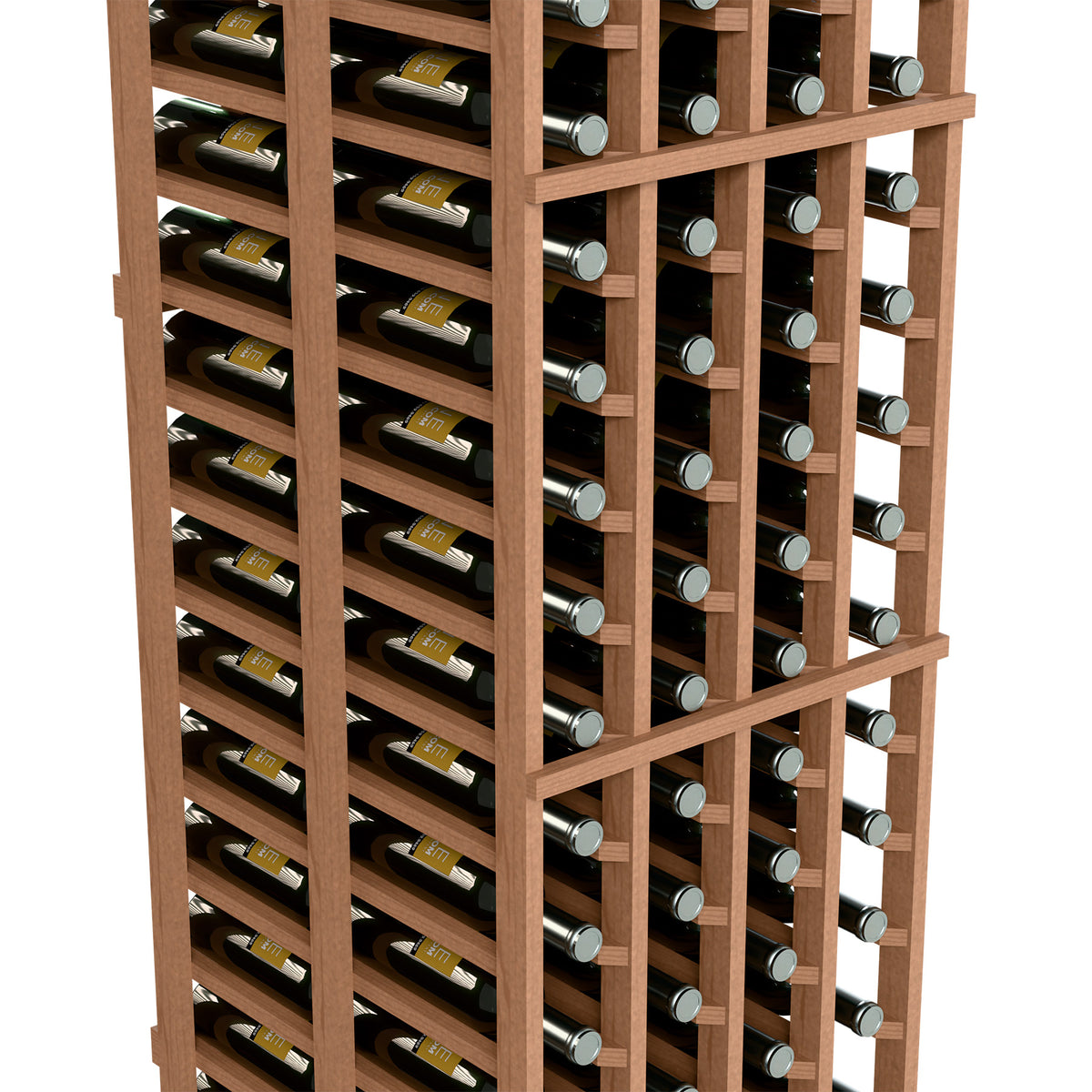 Wine bottle rack close-up with light wood frame and two deep rows of bottles