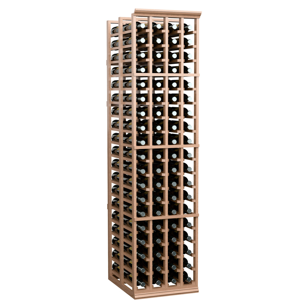 Double-deep 4-column wine bottle rack in light wood with bottles in open slots