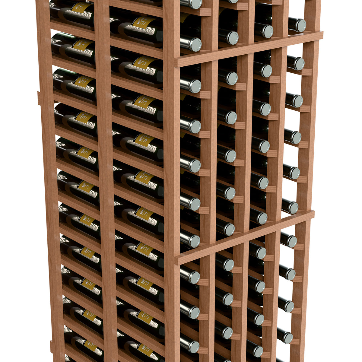 Double-deep 4-column wine bottle rack with light wood frame and rows of bottles