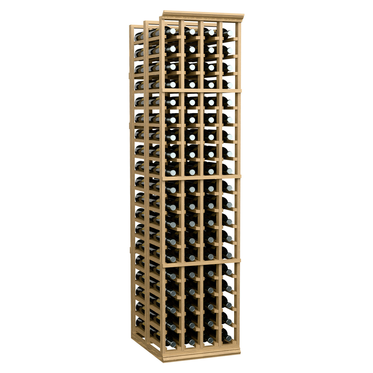Double-deep 4-column wine bottle rack in light wood, front view with bottles