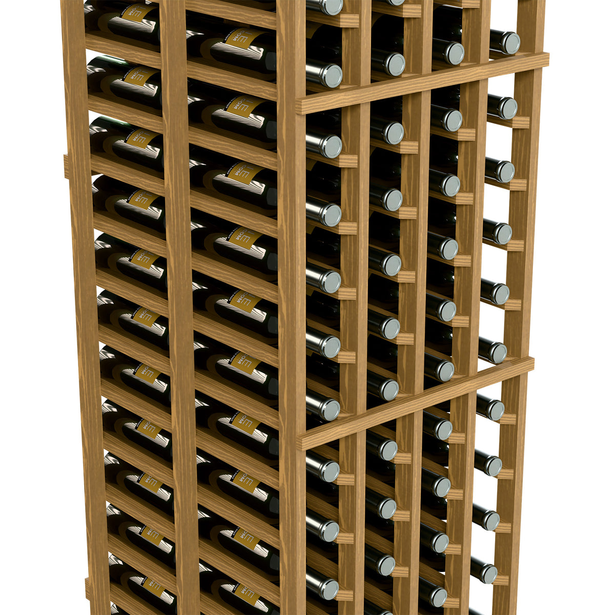 Double-deep 4-column wine bottle rack close-up, light wood frame and bottle necks