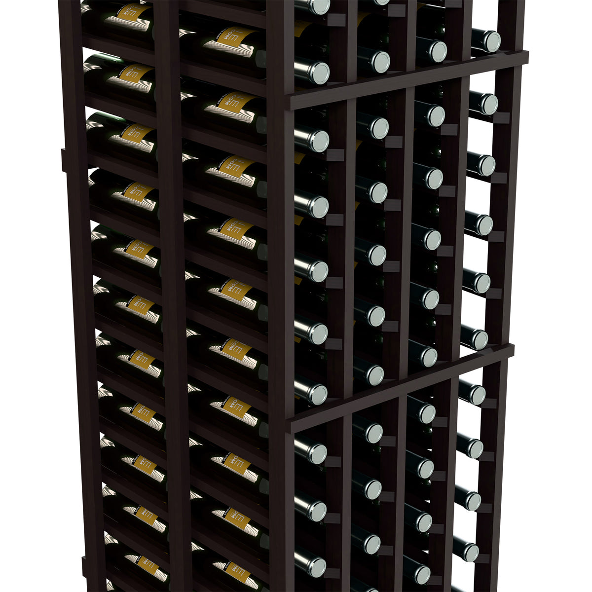 Double-deep 4-column wine bottle rack close-up, dark frame with bottles