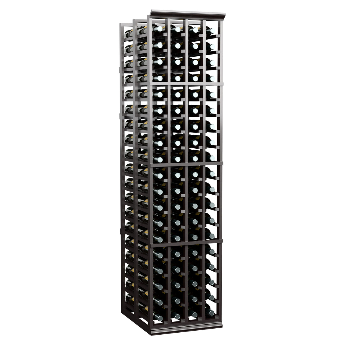 Double-deep 4-column wine bottle rack in dark wood, front view with bottles
