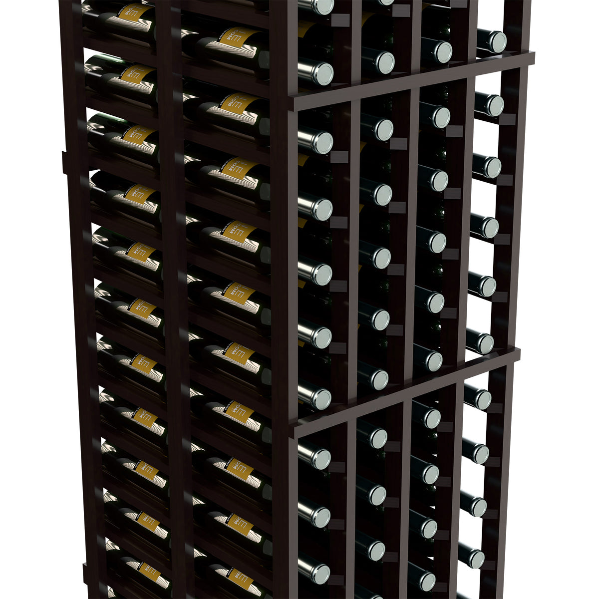 Double-deep 4-column wine bottle rack close-up, dark wood frame and bottle rows