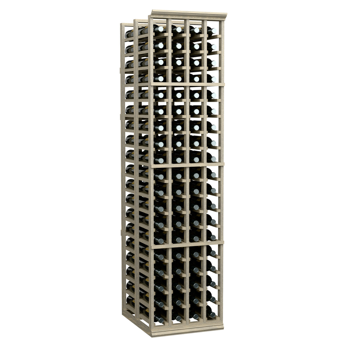 Double-deep wine rack with light wood frame holding dark bottles with white caps