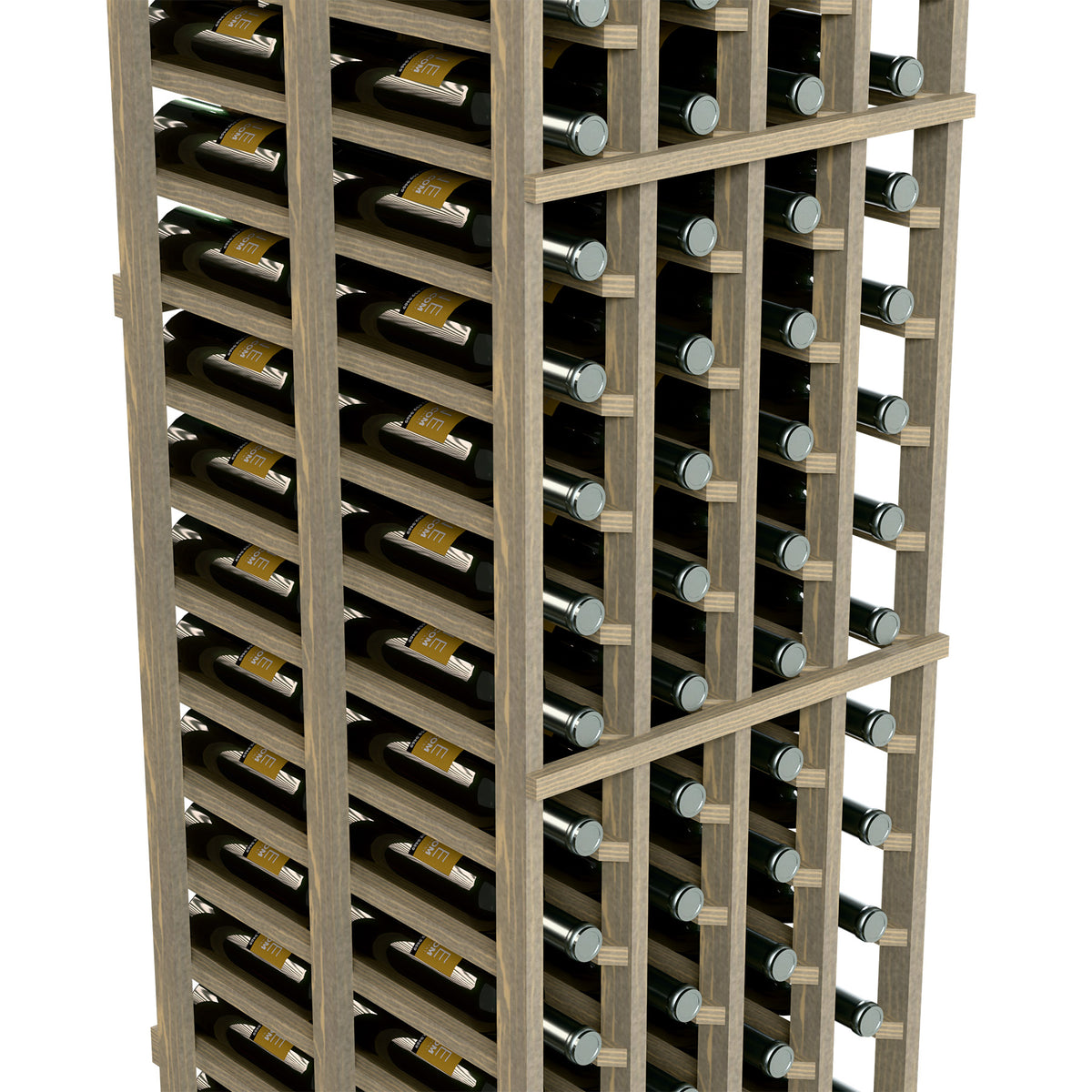 Close-up of double-deep wine rack with light wood rails and bottles in rows