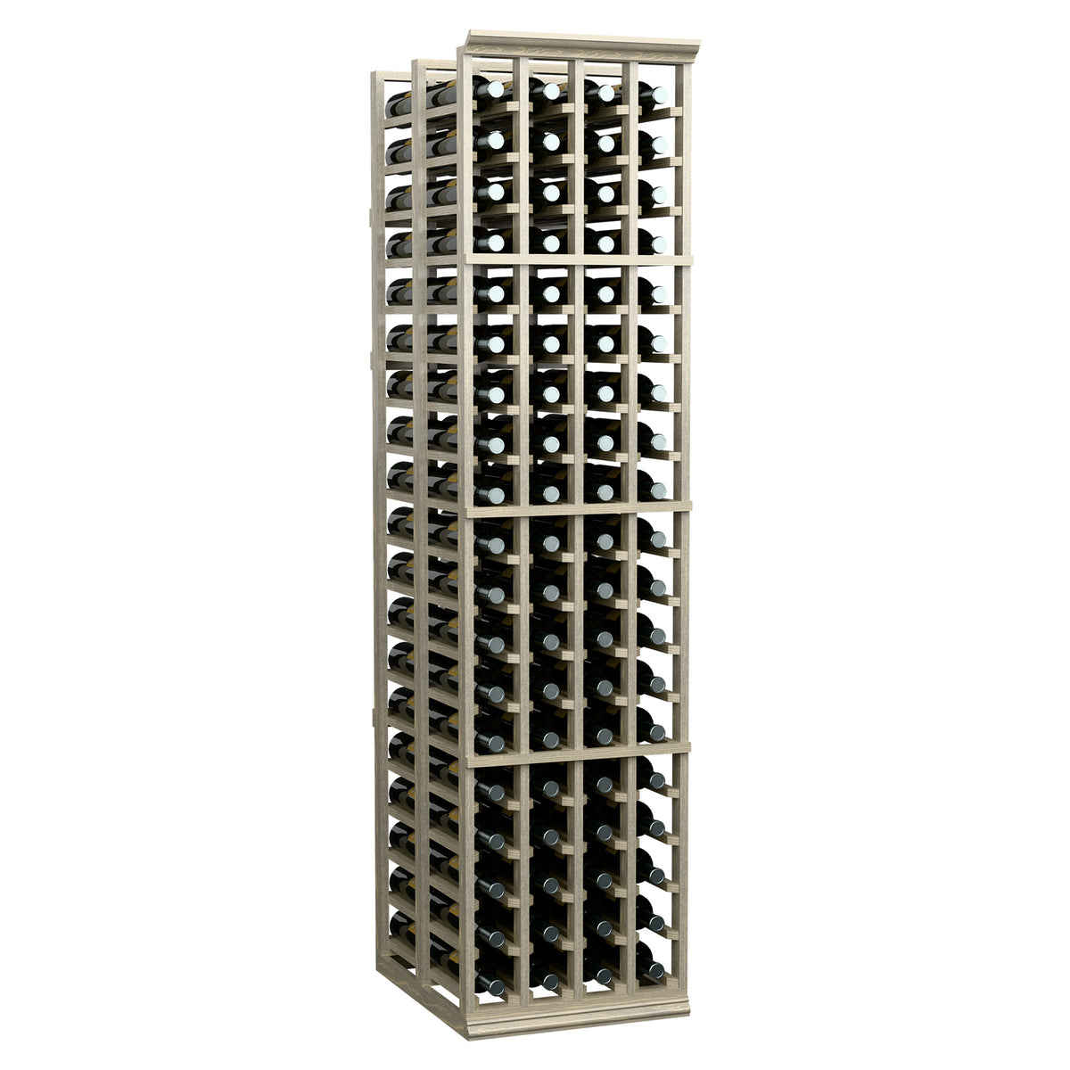 Double-deep wine rack with light wood frame holding dark bottles with white caps