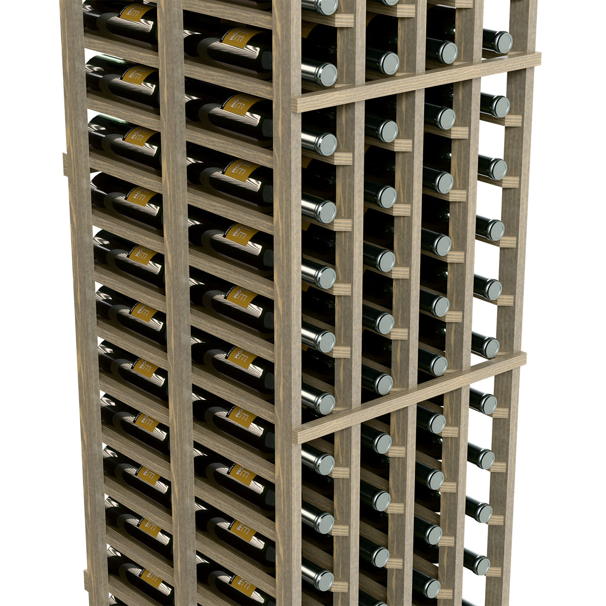 Close-up view of double-deep wine rack with light wood lattice and bottle storage