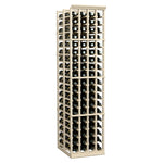Double-deep wine rack with light wood frame filled with dark bottles and white caps