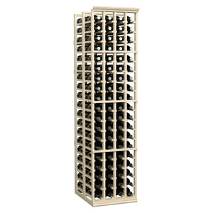 Double-deep wine rack with light wood frame filled with dark bottles and white caps